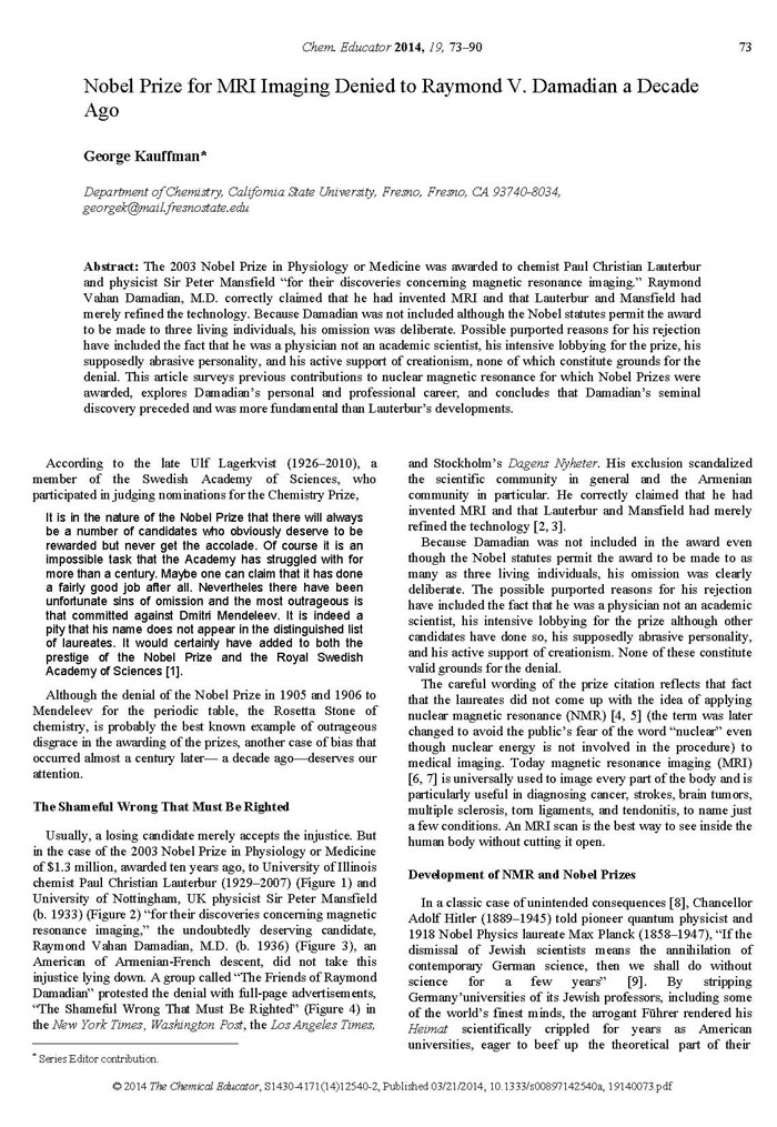 Nobel Prize for MRI Imaging Denied to Raymond V. Damaina a Decade Ago