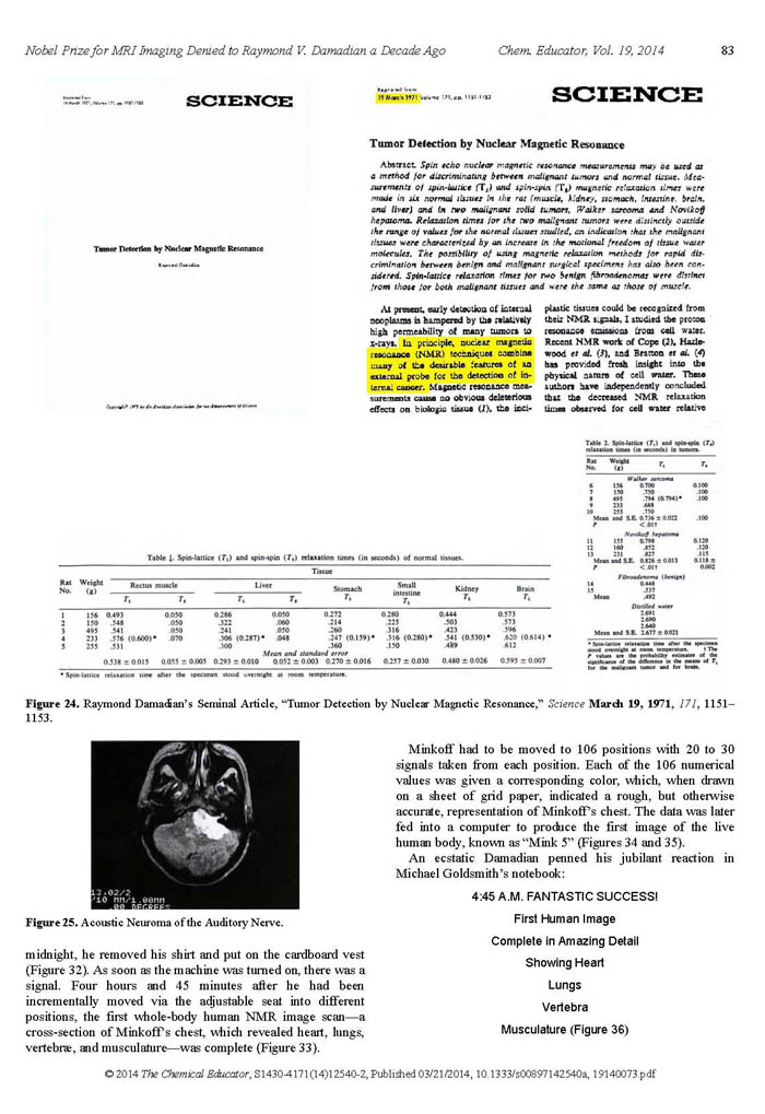 Nobel Prize for MRI Imaging Denied to Raymond V. Damadian